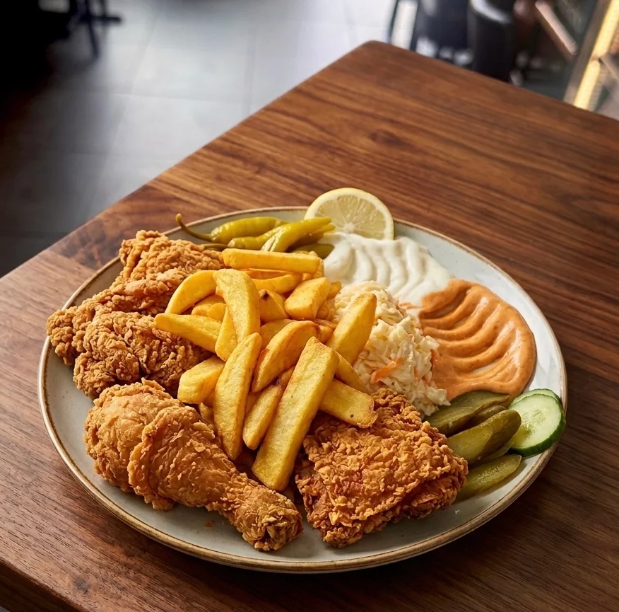 Knuspriges Hähnchen mit Pommes, Coleslaw und Saucen bei Crunchy Hannover